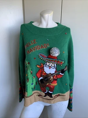 Womens Ugly Christmas Sweater Size Large Feliz Navidad green pullover Santa - Image 1 of 4