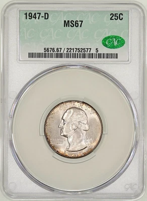 1947-D 25c CAC MS 67  ~ GEM SILVER WASHINGTON QUARTER - Image 1 of 2
