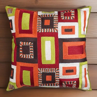 MCM PIER 1 Pillow 18x18 Colorful Embroidered Textured Chain Stitched Squares - Image 1 of 4