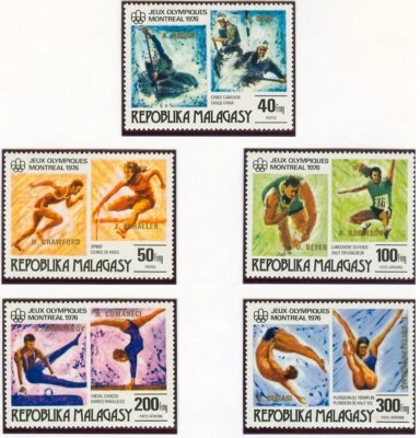 Malagasy Olympic Games Montreal 1976 perf set & block GOLDEN overprint MNH - Image 1 of 2
