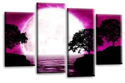 Large Seascape Wall Art Print Purple Big Moon Landscape Framed Split Picture - Image 1 of 4
