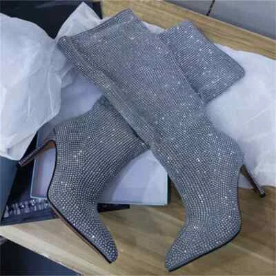 Botas femininas brilhantes de strass altura do joelho biqueira pontiaguda salto alto sexy bomba stiletto - Imagem 1 de 4
