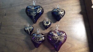 Vintage Set (6) mundgeblasenes Glas mit Goldrand Design Herz Ornamente - Bild 1 von 8