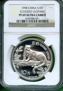 CHINA 1998 CLOUDED LEOPARD NGC PF 69 10 YUAN SILVER 1 OZ - Picture 1 of 2