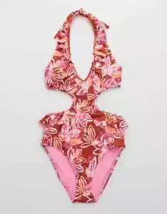 Women's Size S Aerie Ruffle Halter 1 One Piece Bikini Swimsuit Floral Pink Red - Picture 1 of 8