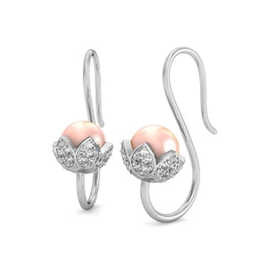 Fine Unique Pink Pearls With Bright Moissanite Pure 10K White Gold Hook Earring - Picture 1 of 4