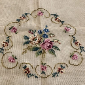 Vtg Preworked Needlepoint Canvas Madeira Port Pink Floral Chair Bottom Stool 26” - Picture 1 of 7