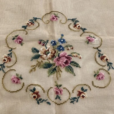 Vtg Preworked Needlepoint Canvas Madeira Port Pink Floral Chair Bottom Stool 26” - Image 1 of 4