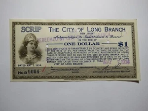 $1 1934 Long Branch New Jersey NJ Obsolete Currency Bank Note Scrip City of LB - Picture 1 of 2
