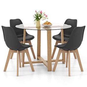 5 PCS Dining Table Set for 4 w/ Solid Wood Legs Tempered Glass Tabletop Modern - Picture 1 of 7