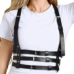 Black Punk Belt Harness PU Leather Adjustable Waist Belt Goth Party Accessory - Picture 1 of 7