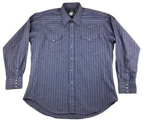 Camicia Ranchwear Vintage Ruddock Flying R Uomo 17/36 Blu Grigio Righe Perla Snap - Foto 1 di 9