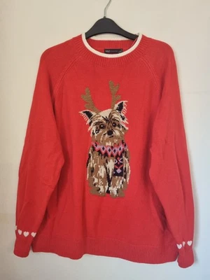 Ladies M&S Christmas Jumper. Size XL. Red with Yorkshire Terrier in Santa Hat. - Image 1 of 4