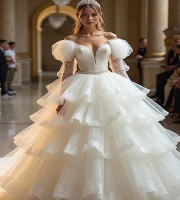 Princess White Wedding Dress Off Shoulders Regal Castle Empress Bride Dress Lace - Image 1 of 4