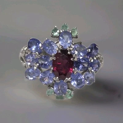 Anillo de plata de ley 925 con tanzanita natural, granate y esmeralda talla 8 1517 Foto 1 de 4