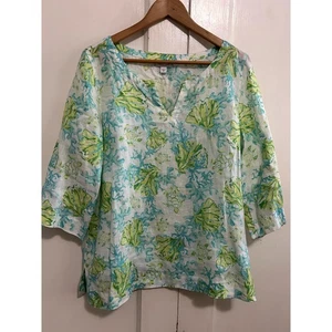 Top floral cuello en V talla pequeña de lino Jill Love manga 3/4 Lagenlook - Imagen 1 de 7