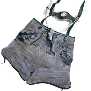 Vintage Boys Sz M Grey Suede Leather Lederhosen / Overalls w/ Emblem - Picture 1 of 6