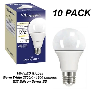 10 x 18W LED Light Globes Bulbs Lamps Warm White 2700K E27 Screw ES - 1800Lm - Image 1 of 4