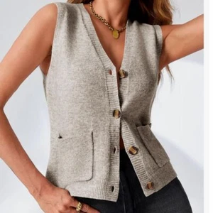 Sleeveless Button Up V-Neck Knit Sweater Vest Khaki Size Small - Picture 1 of 10