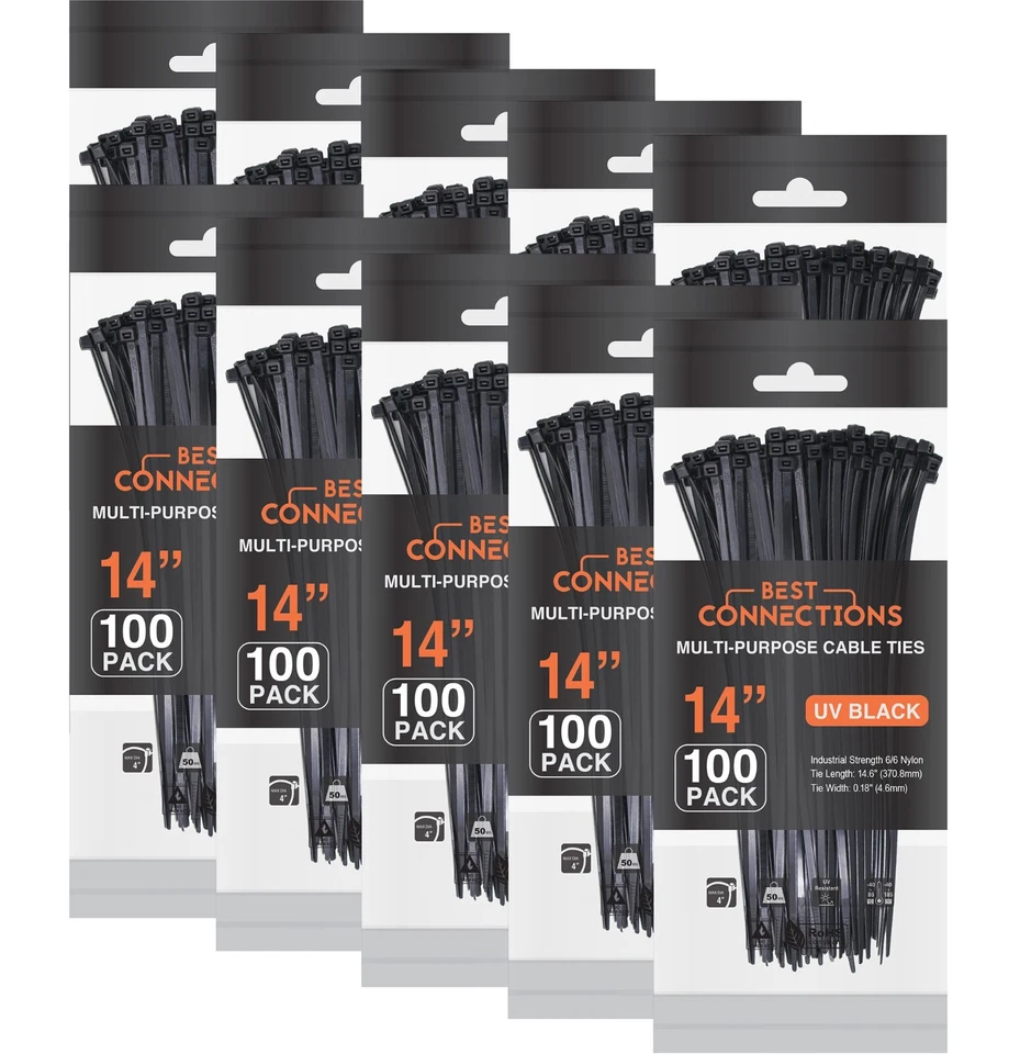 BEST CONNECTIONS 1000 Pack 14" Nylon Cable Straps Zip Ties Wire 50 Lbs Tensile Strength Black