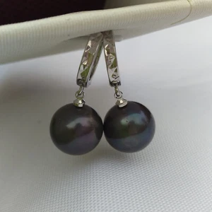 Klassische AAA+ 10-11mm runde schwarze natürliche echte Tahitiperlen Ohrringe S925 - Bild 1 von 6