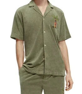 SCOTCH & SODA Camp Shirt Mens Medium Green Button Up Terry Cloth Toweling Logo - Picture 1 of 11