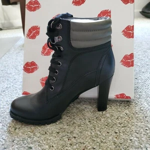 Two Lips " Tease"  Womens Size 9 M Black, lace up ankle boots with grey cuff - Picture 1 of 6