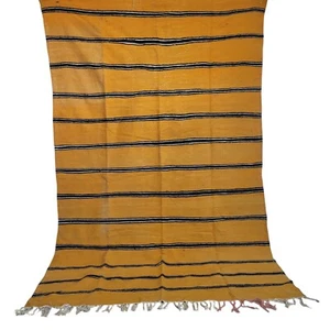 Vintage Handmade Moroccan Rug Berber Fringe Mustard Base Black Striped Carpet - Picture 1 of 24