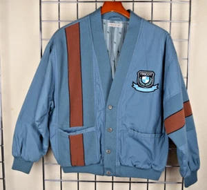 Vintage Jordache Jacket Size M 80s Steel Blue Brown Stripe Varsity Cardigan Coat - Picture 1 of 13