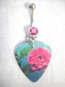 NEW BUNCH OF PINK FLOWERS FLORAL PRINTED GUITAR PICK 14g PINK CZ BELLY RING BAR - Picture 1 of 1
