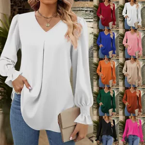 Damen Chiffon V-Neck Tunika Hemd Elegant Langarm T-Shirt Bluse Freizeit Oberteil - Bild 1 von 32