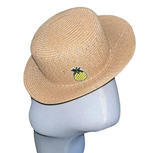 Women Tan Sun Hat Shimmer Pineapple Fedora One Size Wide Brim Beach Resort EUC - Picture 1 of 8