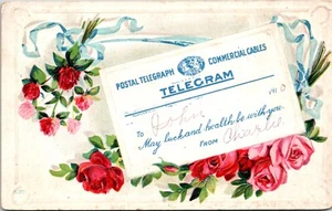 Telegrama postal telégrafo mayo suerte y salud... con rosas en relieve - Imagen 1 de 2