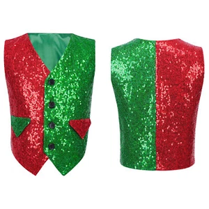 Boys Glitter Sequins Vest Dance Performance Waistcoat Christmas Costume Dress up - Picture 1 of 15