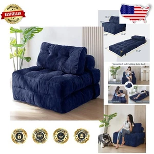 Chic Navy Folding Sofa Bed: Single-Seat Sleeper with Headrest & Lumbar Support - Picture 1 of 8