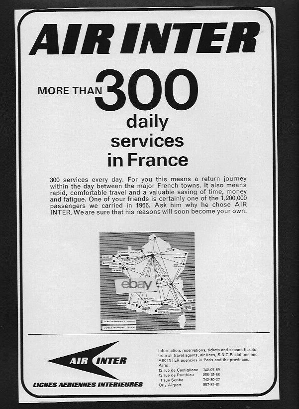AIR INTER FRANCE 1967 MÁS DE 300 VUELOS DIARIOS EN FRANCIA MAPA DE RUTA ANUNCIO Foto 1 de 1