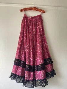 Vintage 60s Jayne Haus Italy Pink Boho Flamenco Ruffle Skirt Cotton Maxi XS - Picture 1 of 16