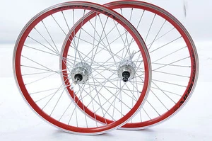 PAIR WHEELS 24" MTB DISC BRAKE HUB Q/R RED DOUBLE WALL 507 X 21 RIM MULTISPEED - Picture 1 of 2
