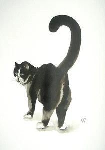 Schwarze Katze Original Tuschebild Tier Wandbild Katze Wanddeko Papierformat A4 - Bild 1 von 3