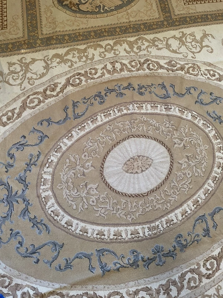 Hand Made French Aubusson Needlepoint Wool Rug  10 FT & 8 IN BY 8 FT Cream BEIGE - Image 1 of 4