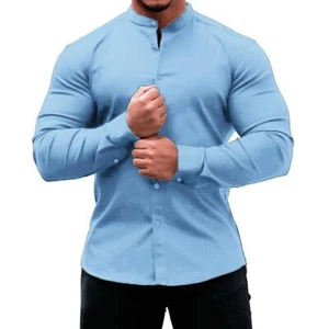 Camisas de vestir musculosas para hombre calce ajustado elásticas sin cuello manga larga camisa con botones - Imagen 1 de 31