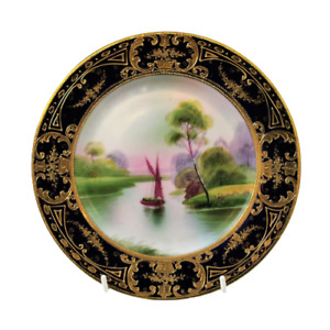 Noritake Cabinet Plate Handpainted River Scene Heavily Gilded Border Antique