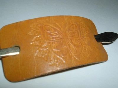 HAND TOOLED LEATHER BUTTERFLY HAIR BARRETTE W GOLDEN PIN - Image 1 of 3