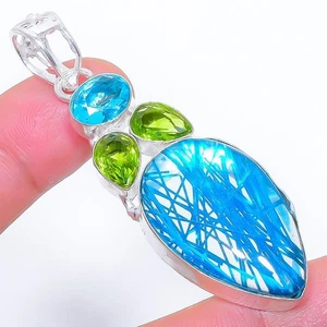 Cuarzo de rutilo azul, piedra preciosa de peridoto 925 colgante de joyería de... - Imagen 1 de 5