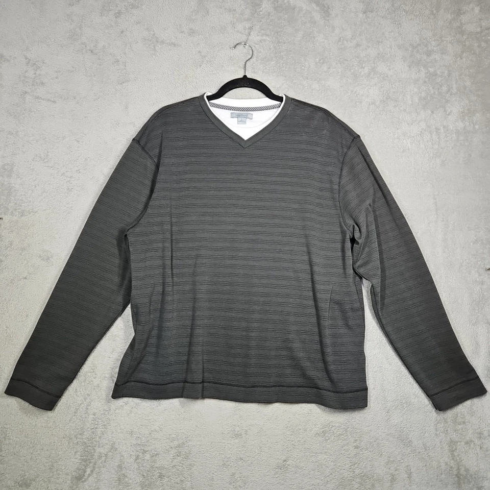 Method Long Slv Shirt Layered Look w T V-Neck Gray On Gray Subtle Stripes Sz L - Image 1 of 4