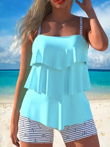 Women's Size M Aqua Blue Striped Anchor Pattern Tiered Top Shorts Tankini Set - Picture 1 of 2