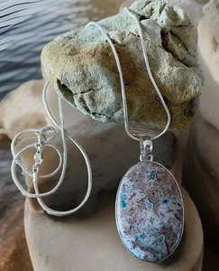 Mexican Laguna Lace Agate Gemstone Pendant Necklace -Sterling Silver plated-New - Bild 1 von 2