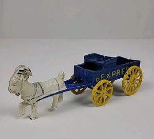 Vintage Cast Iron Goat Ram Pulling Express Blue Cart With Yellow Wheels 8" Long - Picture 1 of 11