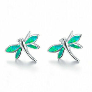 New Silver Fashion Jewelry Green Imitation Fire Opal Dragonfly Stud Earrings