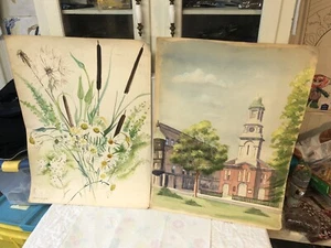 2 Vintage Watercolor Paintings Marion Bryson New Britain Conn Cityscape & Floral - Picture 1 of 12
